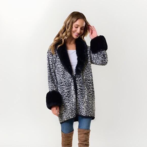 Daphne Fur Trim Cardigan Shawl Cardigan Sz S/M Animal Print Penny Lane Mob Wife - Picture 1 of 12